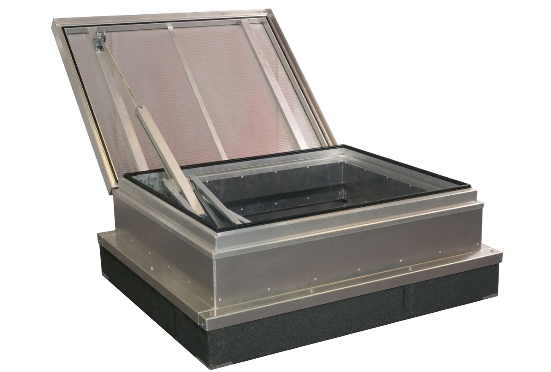 Open metal roof hatch with hydraulic arm, showing transparent top and rectangular frame, set against a plain background.