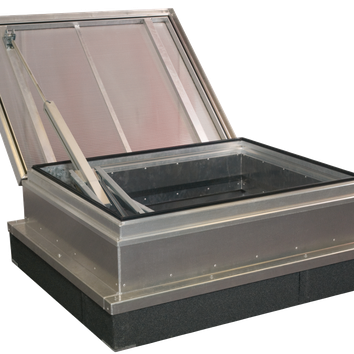 Open metal roof hatch with hydraulic arm, showing transparent top and rectangular frame, set against a plain background.