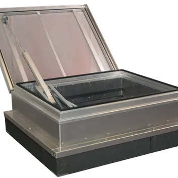 Open metal roof hatch with hydraulic arm, showing transparent top and rectangular frame, set against a plain background.