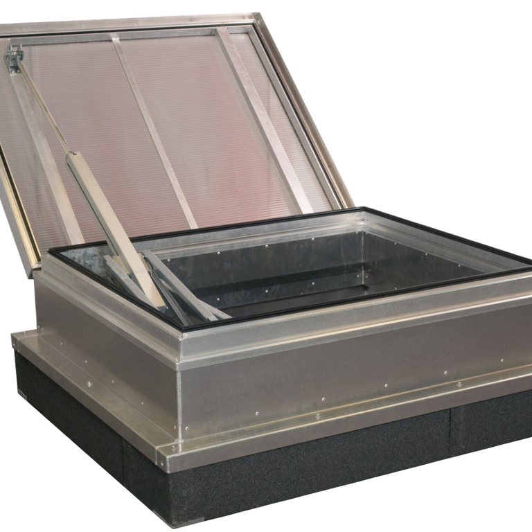 Open metal roof hatch with hydraulic arm, showing transparent top and rectangular frame, set against a plain background.