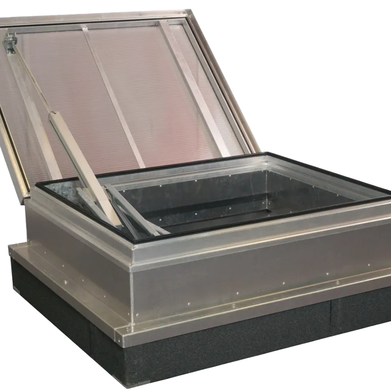 Open metal roof hatch with hydraulic arm, showing transparent top and rectangular frame, set against a plain background.