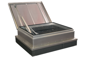 AOV with an open lid, supported by a metal arm, showing a glass panel and reinforced edges.