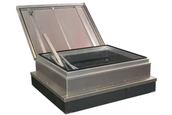 AOV with an open lid, supported by a metal arm, showing a glass panel and reinforced edges.