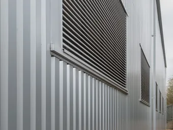Exterior wall of a metal building with vertical grooves and large louvered vents, viewed from a side angle.