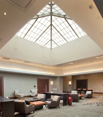 GridSpan FRP panel pyramid skylight - in hotel seating area