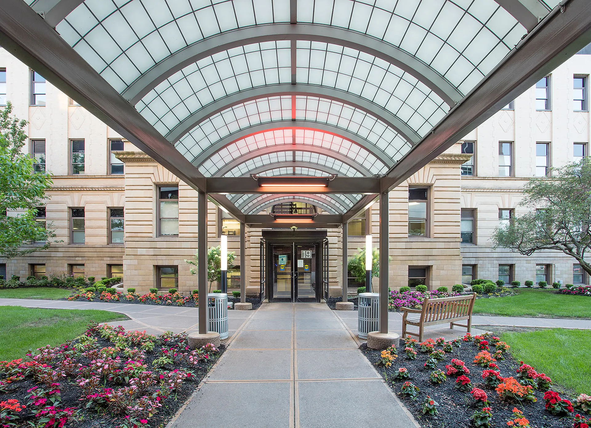 Liteway™ FRP curved canopy system over walkway between two hospital buildings