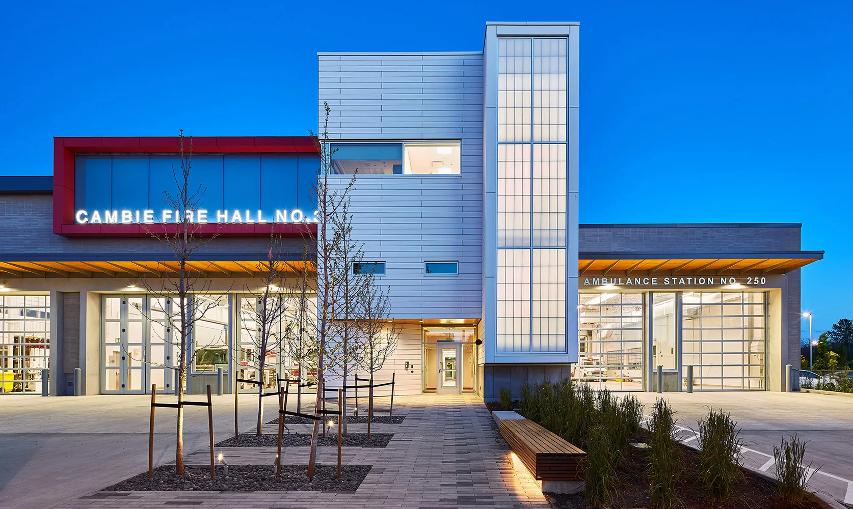 UniGrid FRP wall system used on fire station and backlit