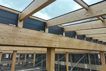 Natural smoke control and ventilation windows installed in sheds in the glazed roofs
