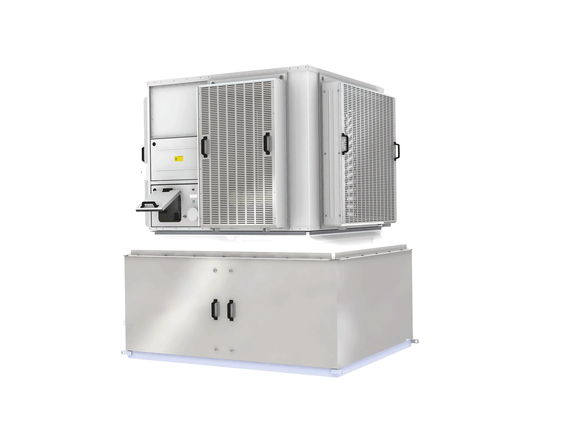 An evaporative cooler that cools and ventilates using outside air and mixed air.