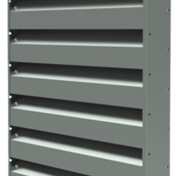 A gray metallic louvered vent with horizontal slats, mounted vertically, designed for airflow regulation.
