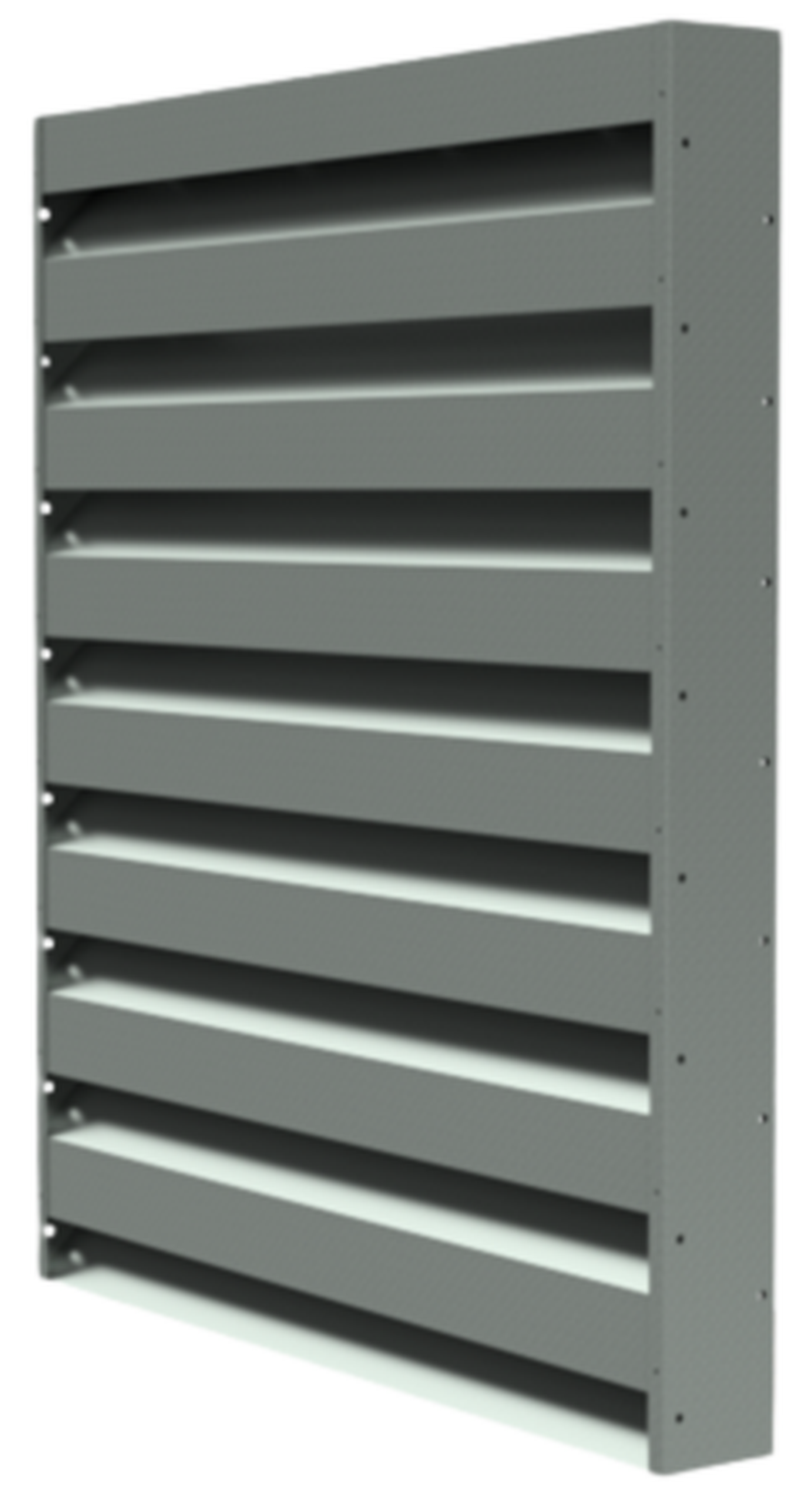 A gray metallic louvered vent with horizontal slats, mounted vertically, designed for airflow regulation.