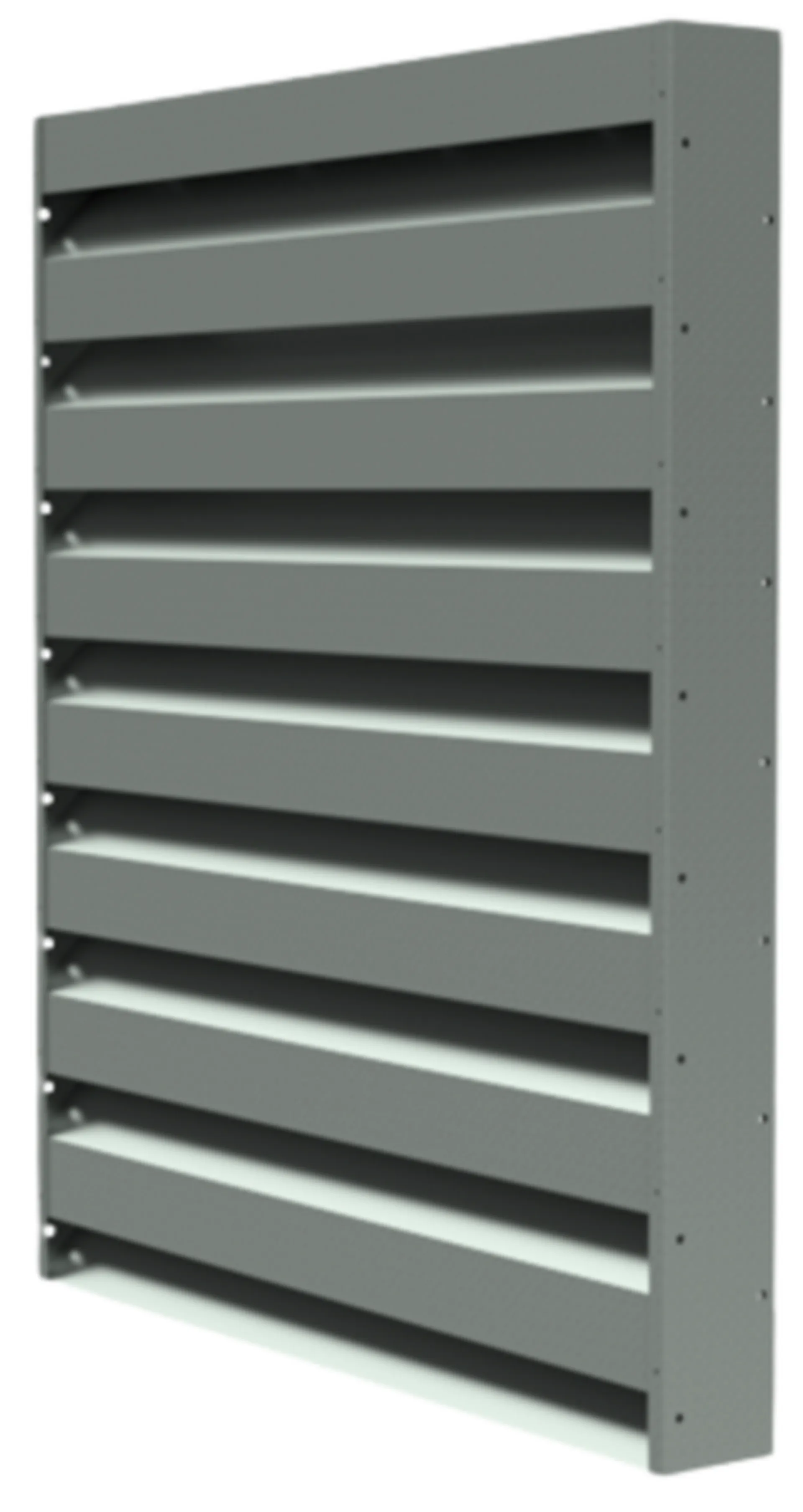 A gray metallic louvered vent with horizontal slats, mounted vertically, designed for airflow regulation.