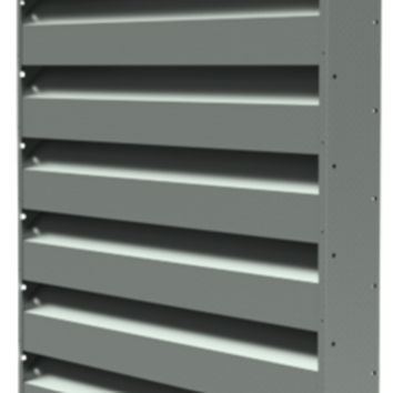 A gray metallic louvered vent with horizontal slats, mounted vertically, designed for airflow regulation.