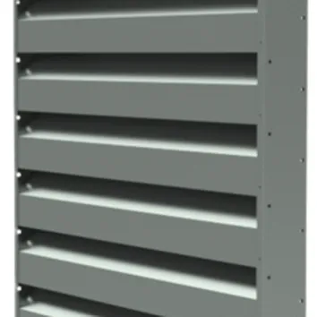 A gray metallic louvered vent with horizontal slats, mounted vertically, designed for airflow regulation.