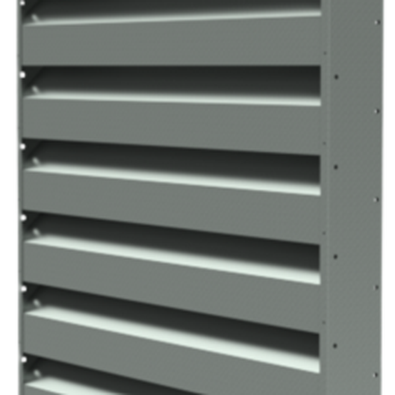 A gray metallic louvered vent with horizontal slats, mounted vertically, designed for airflow regulation.