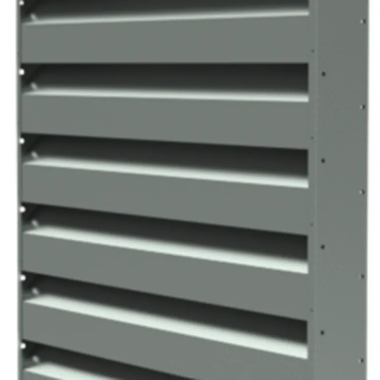 A gray metallic louvered vent with horizontal slats, mounted vertically, designed for airflow regulation.