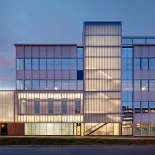 UniQuad polycarbonate wall system - backlit during evening hours