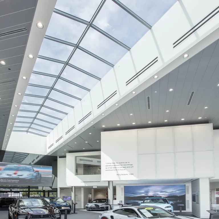 KlearSky™ custom glass ridge skylight in car dealership