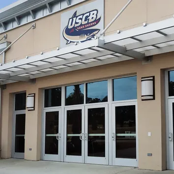 LiteBrow™ Suspended Canopy System over college building entryway