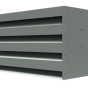 Gray industrial ventilation louver with horizontal slats enclosed in a rectangular metal frame, viewed from an angle.