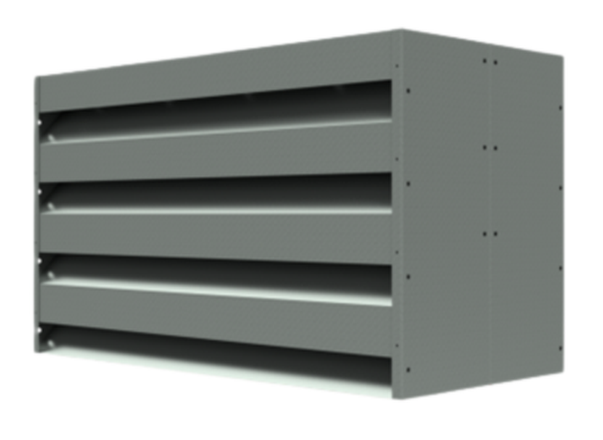 Gray industrial ventilation louver with horizontal slats enclosed in a rectangular metal frame, viewed from an angle.