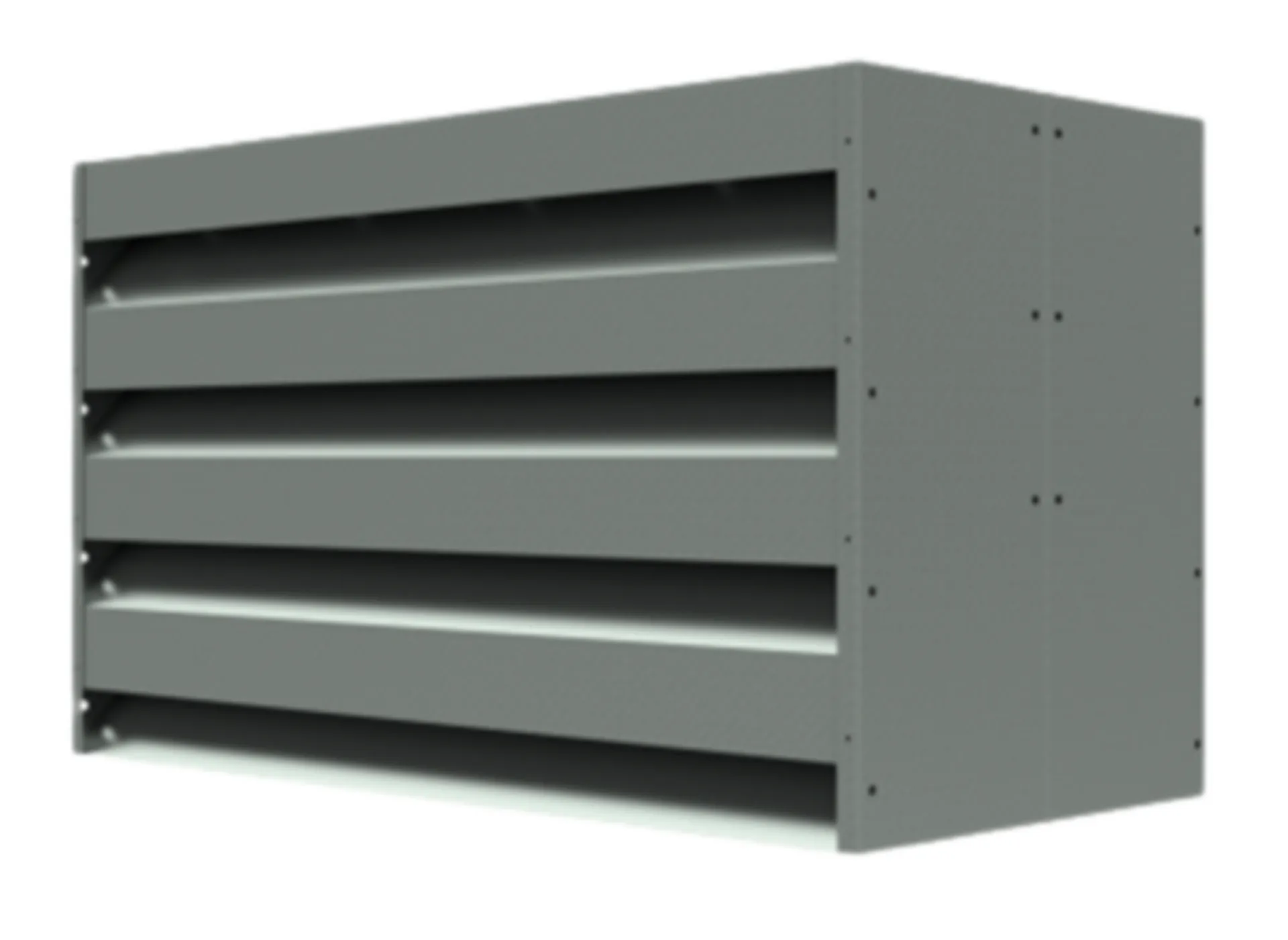 Gray industrial ventilation louver with horizontal slats enclosed in a rectangular metal frame, viewed from an angle.