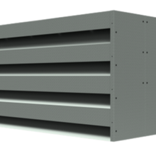 Gray industrial ventilation louver with horizontal slats enclosed in a rectangular metal frame, viewed from an angle.
