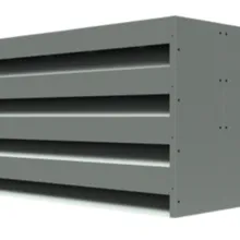 Gray industrial ventilation louver with horizontal slats enclosed in a rectangular metal frame, viewed from an angle.