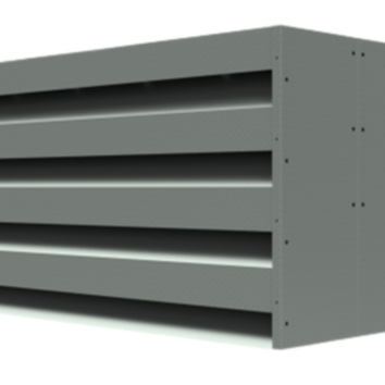 Gray industrial ventilation louver with horizontal slats enclosed in a rectangular metal frame, viewed from an angle.