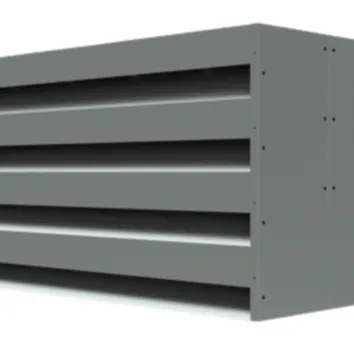 Gray industrial ventilation louver with horizontal slats enclosed in a rectangular metal frame, viewed from an angle.