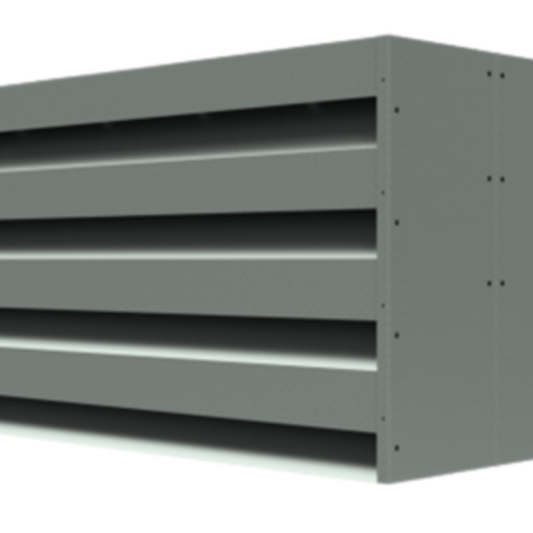 Gray industrial ventilation louver with horizontal slats enclosed in a rectangular metal frame, viewed from an angle.