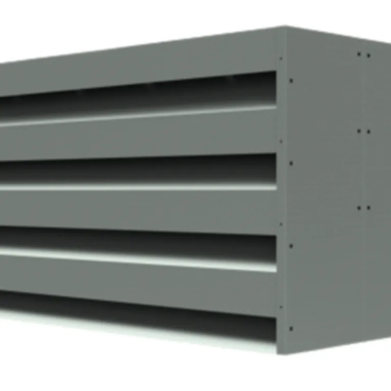 Gray industrial ventilation louver with horizontal slats enclosed in a rectangular metal frame, viewed from an angle.