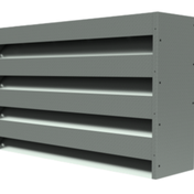 Gray metal industrial louver with four horizontal slats, designed for airflow control, viewed from an angle.