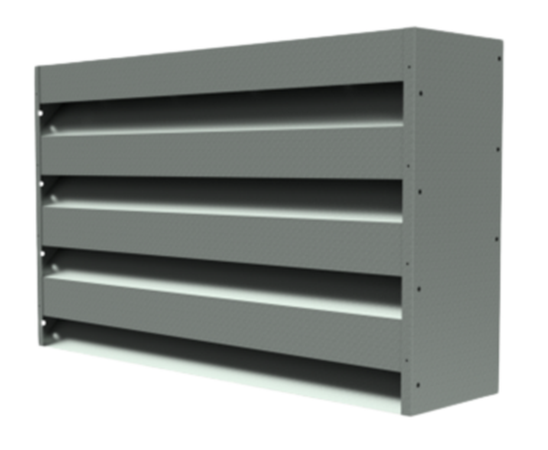 Gray metal industrial louver with four horizontal slats, designed for airflow control, viewed from an angle.