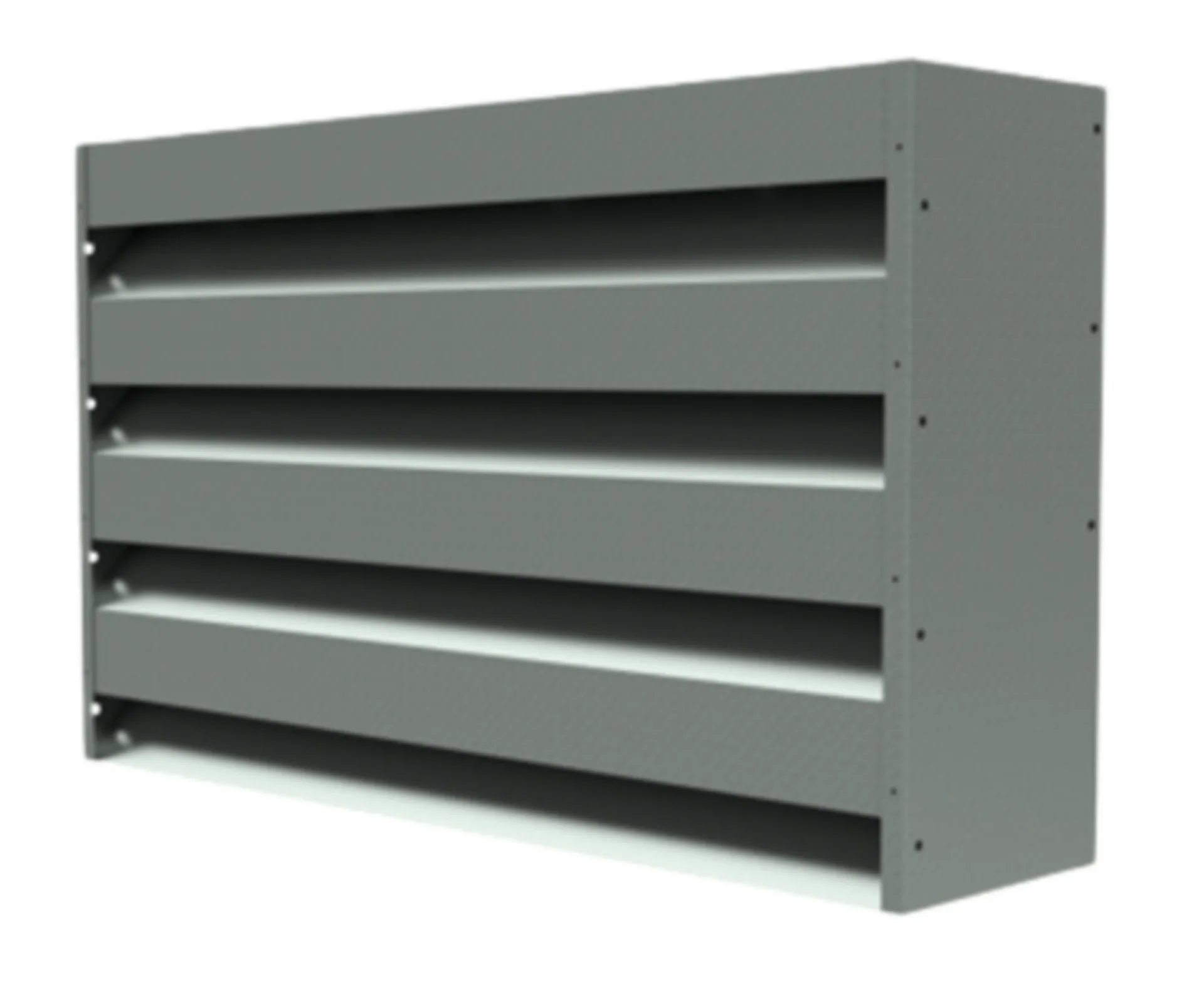 Gray metal industrial louver with four horizontal slats, designed for airflow control, viewed from an angle.