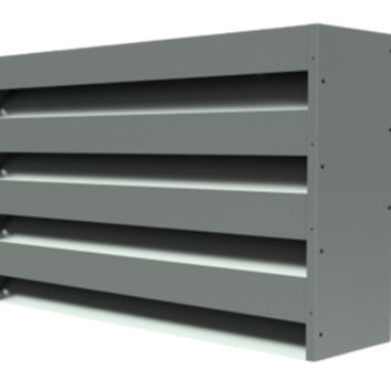 Gray metal industrial louver with four horizontal slats, designed for airflow control, viewed from an angle.