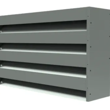 Gray metal industrial louver with four horizontal slats, designed for airflow control, viewed from an angle.