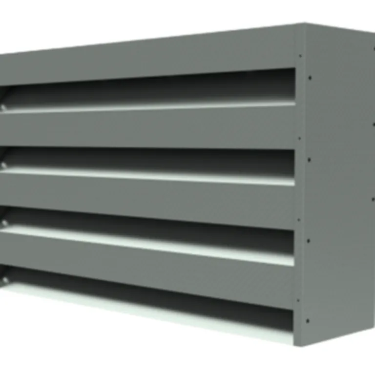 Gray metal industrial louver with four horizontal slats, designed for airflow control, viewed from an angle.