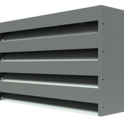 Grey metal ventilation louver with horizontal slats and a rectangular frame, designed for airflow control in buildings.