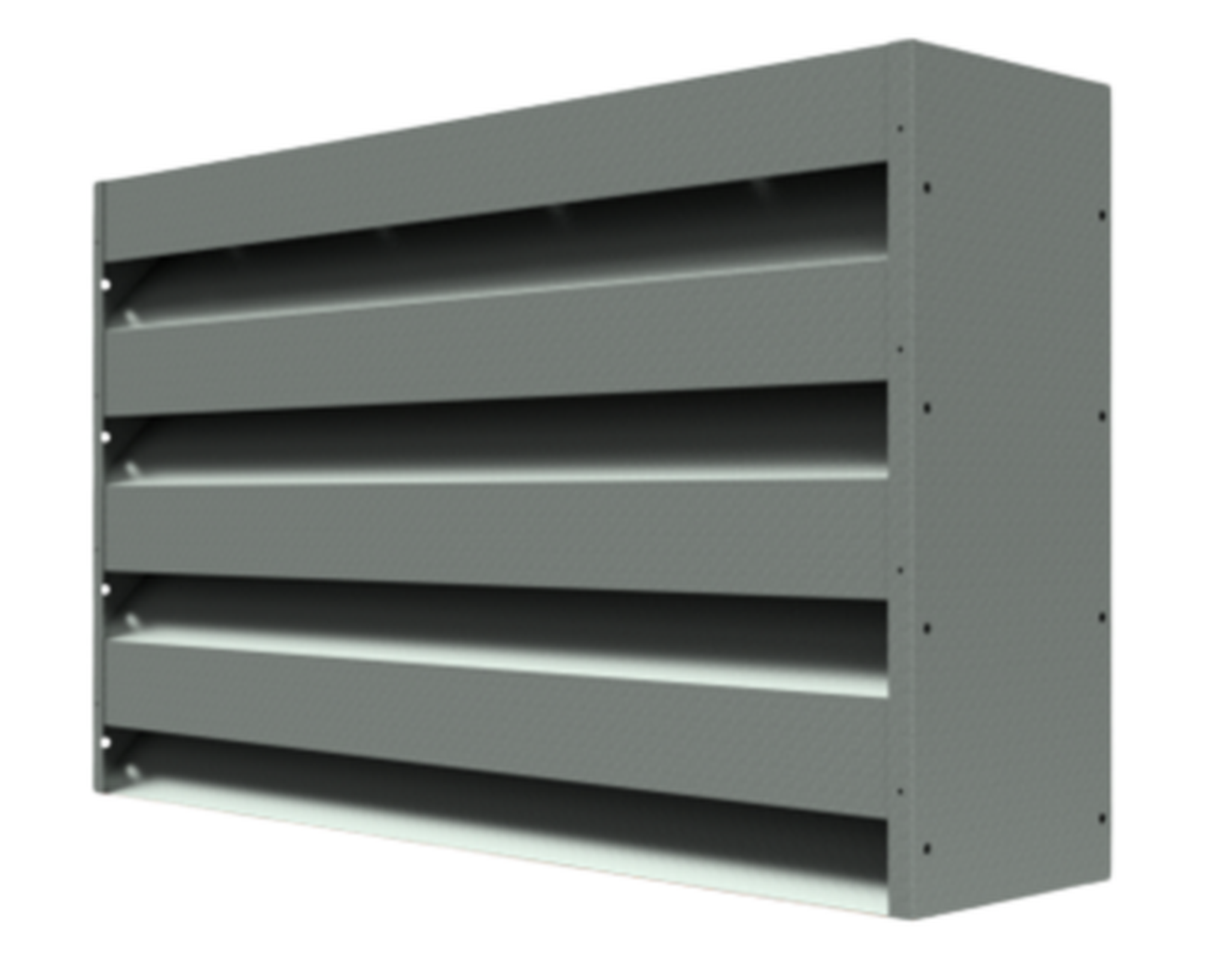 Grey metal ventilation louver with horizontal slats and a rectangular frame, designed for airflow control in buildings.