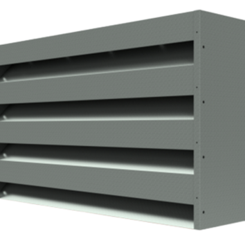 Grey metal ventilation louver with horizontal slats and a rectangular frame, designed for airflow control in buildings.