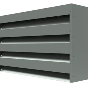 Grey metal ventilation louver with horizontal slats and a rectangular frame, designed for airflow control in buildings.