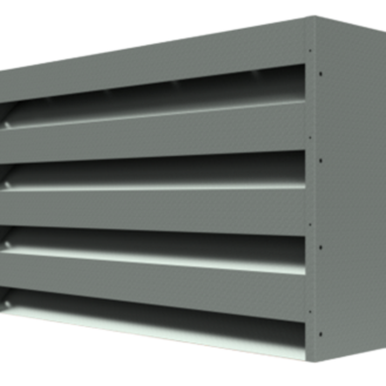 Grey metal ventilation louver with horizontal slats and a rectangular frame, designed for airflow control in buildings.