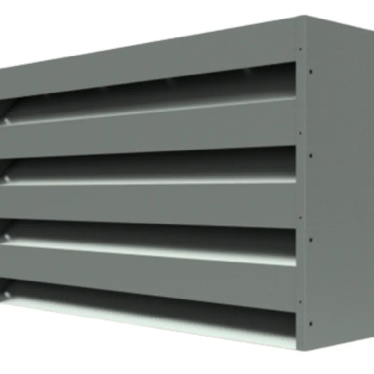 Grey metal ventilation louver with horizontal slats and a rectangular frame, designed for airflow control in buildings.