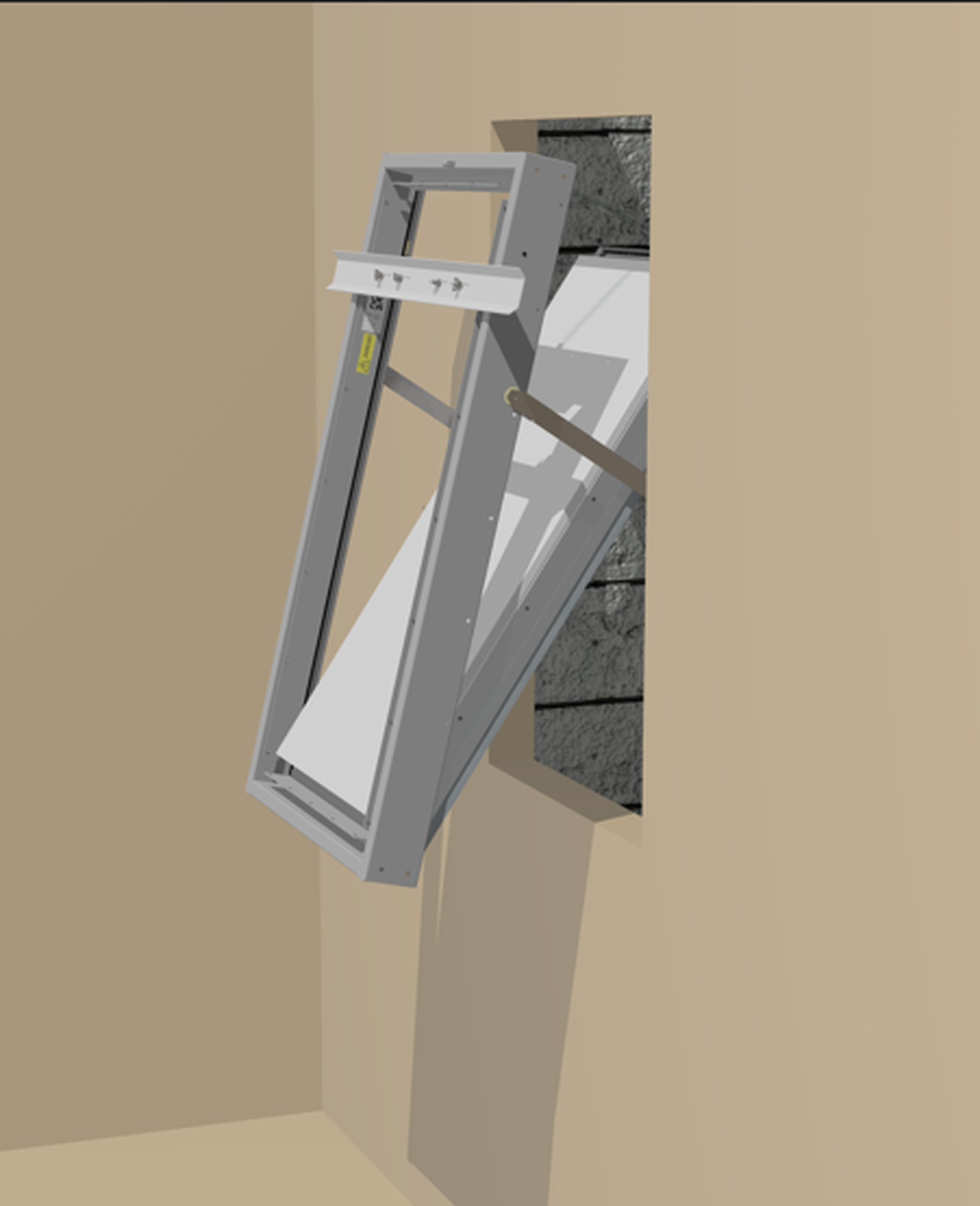 A Defender F2 installed in a wall opening, partially open, showing its angled slats and supporting mechanism against a beige wall.