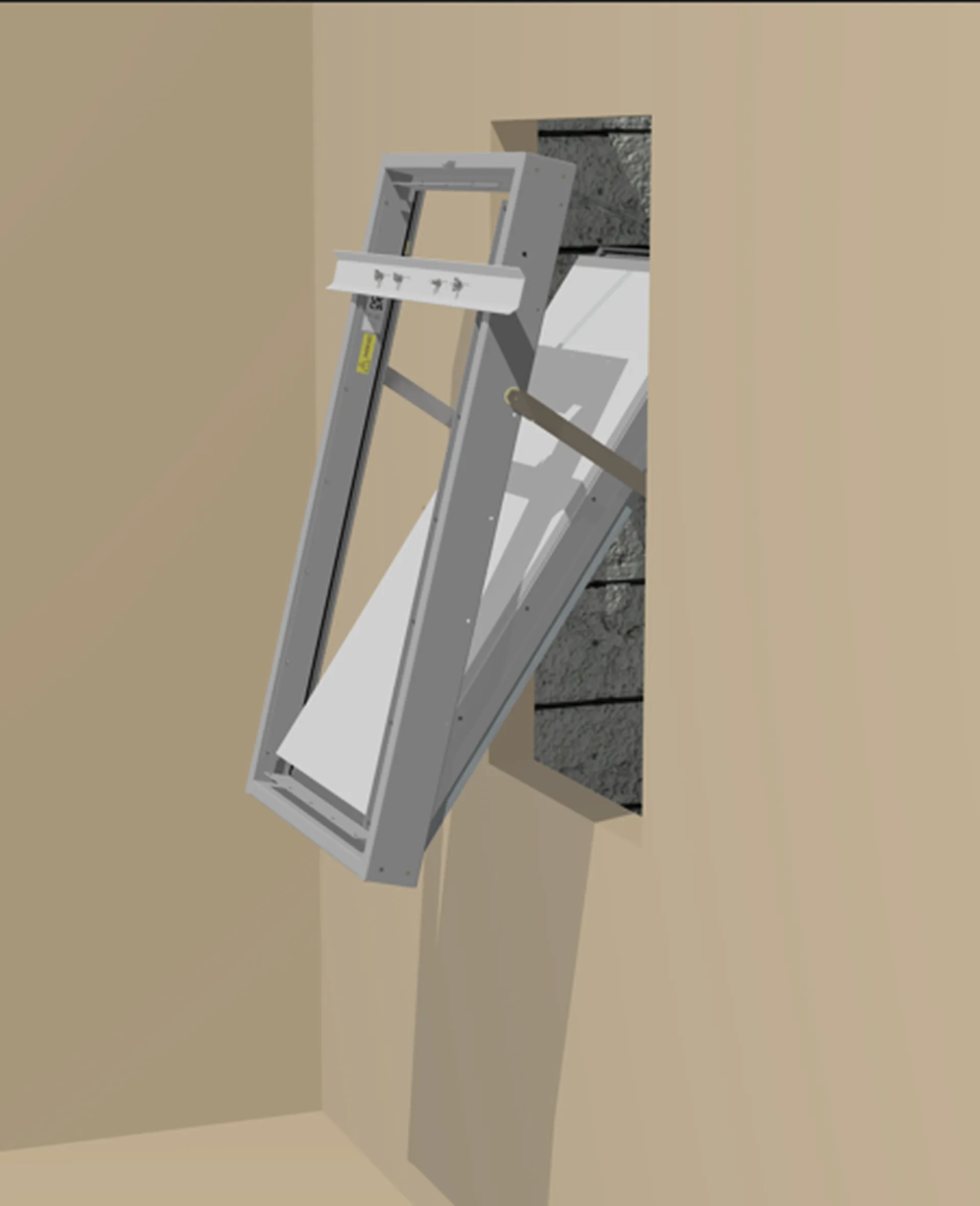 A Defender F2 installed in a wall opening, partially open, showing its angled slats and supporting mechanism against a beige wall.