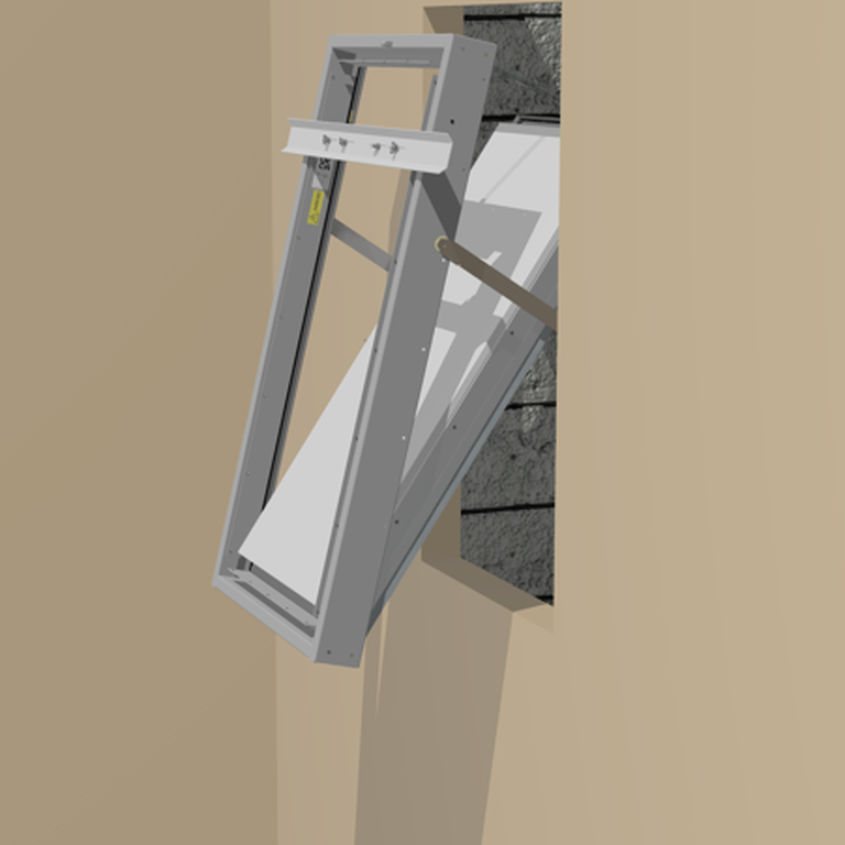 A Defender F2 installed in a wall opening, partially open, showing its angled slats and supporting mechanism against a beige wall.
