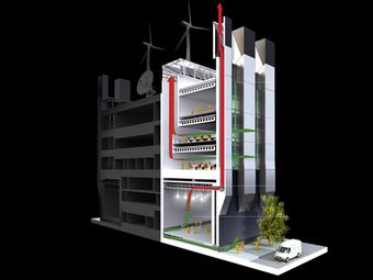 Diagram of a building highlighting a natural ventilation system, with arrows showing ventilation flow. Interior floors, people, and trees also shown inside and outside the building.