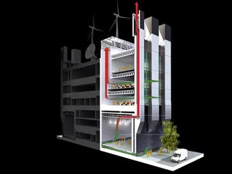 Diagram of a building highlighting a natural ventilation system, with arrows showing ventilation flow. Interior floors, people, and trees also shown inside and outside the building.