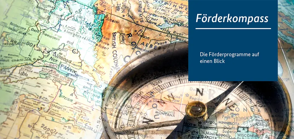 Nahaufnahme eines Kompasses über einer Karte, mit deutschem Text „Förderkompass“ und „Die Förderprogramme auf einen Blick“ an der Seite.